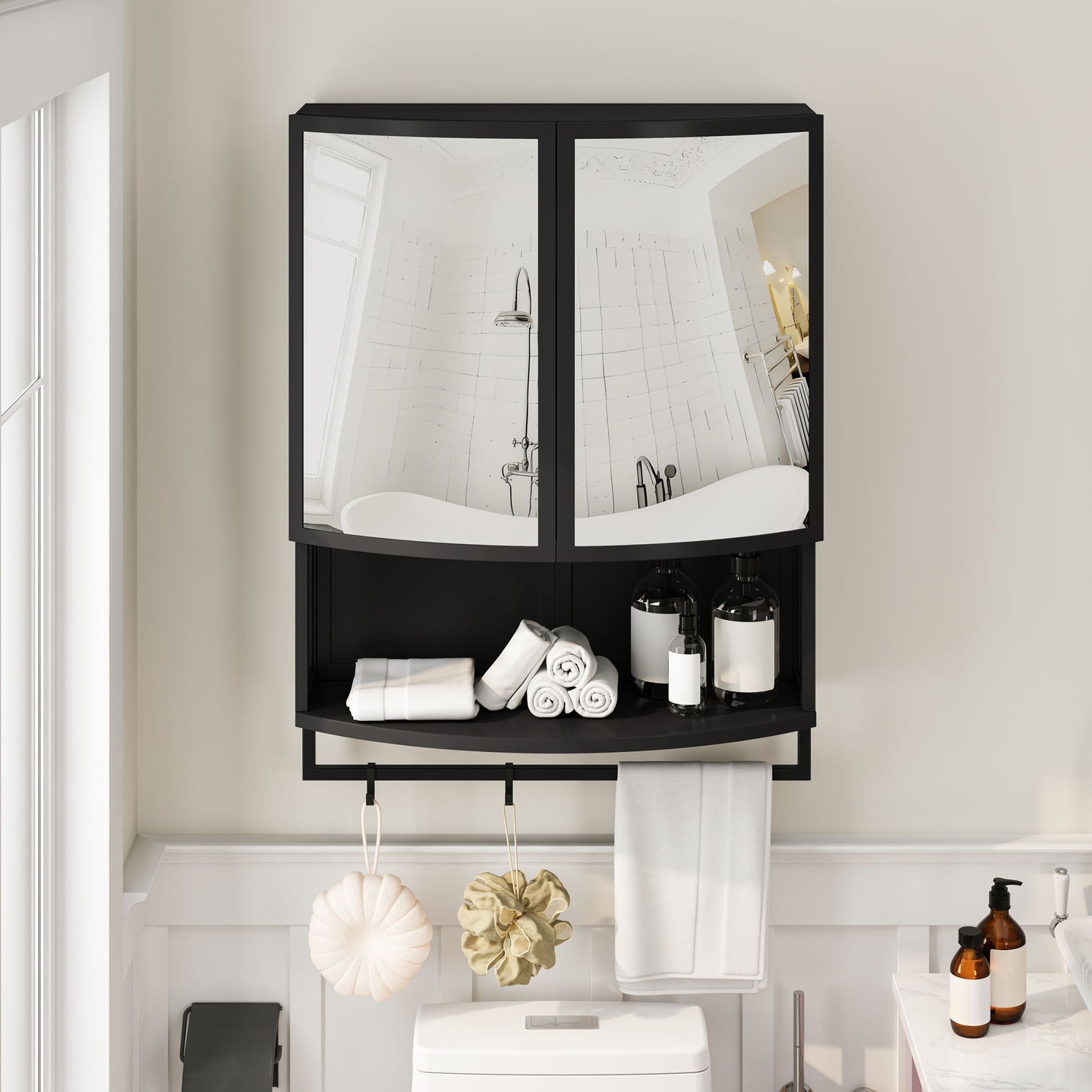 Arched Glass Double Door Wardrobe With Shatterproof Mirror, Open Shelf & Towel Rack