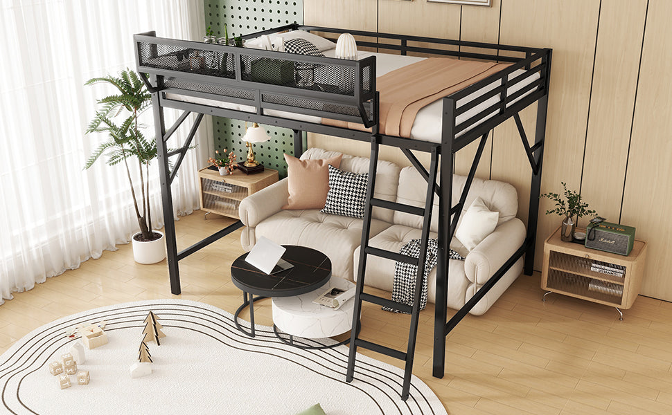 Full Size Loft Bed with Ladder and Storage Shelves