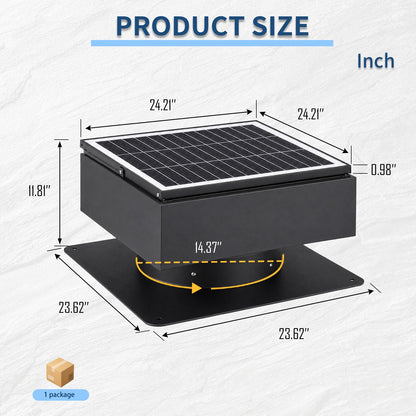 14" Adjustable Square Solar Roof Exhaust Fan, 60W Dual Power Attic Ventilator