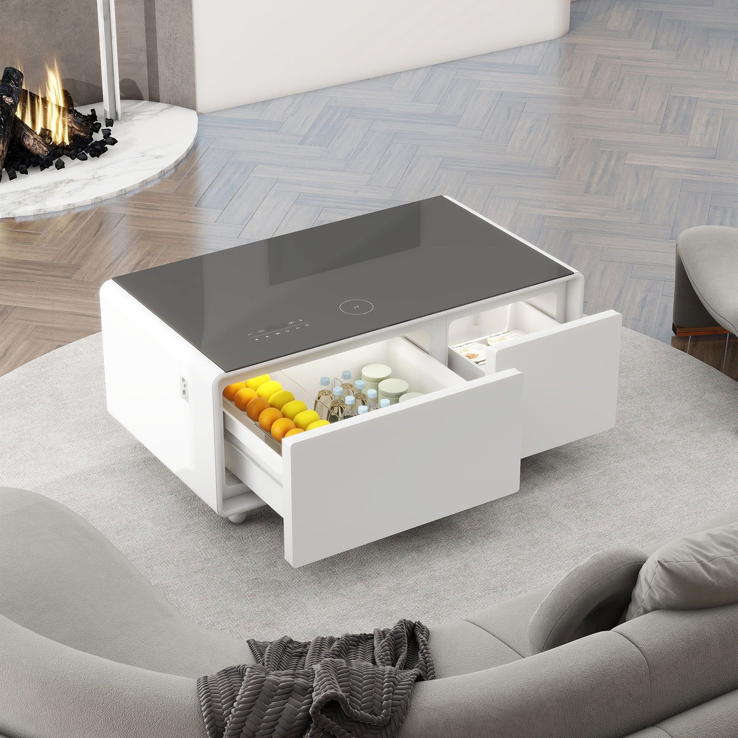Modern Smart Coffee Table With Built-In Fridge - tooth Speaker, Wireless Charging, Touch Control Panel, USB Interface, Outlet Protection, Atmosphere Light