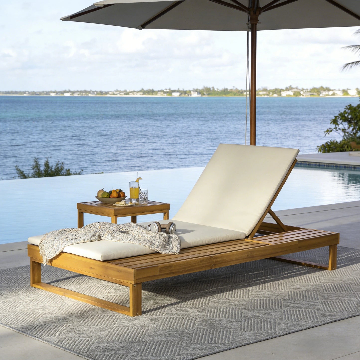 Teak Finish Acacia Wood Chaise Lounge with 1.57-Inch Cushion