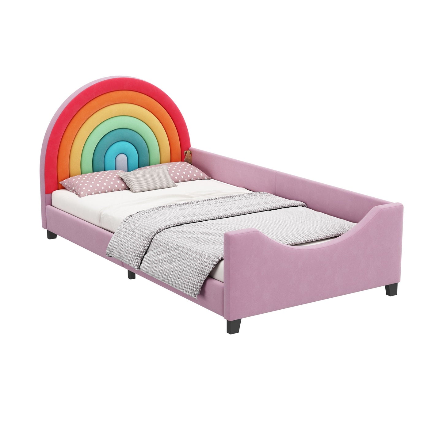 Rainbow Upholstered Twin Daybed Low To The Ground Design Cute Style Princess Bed - Colorful / Pink