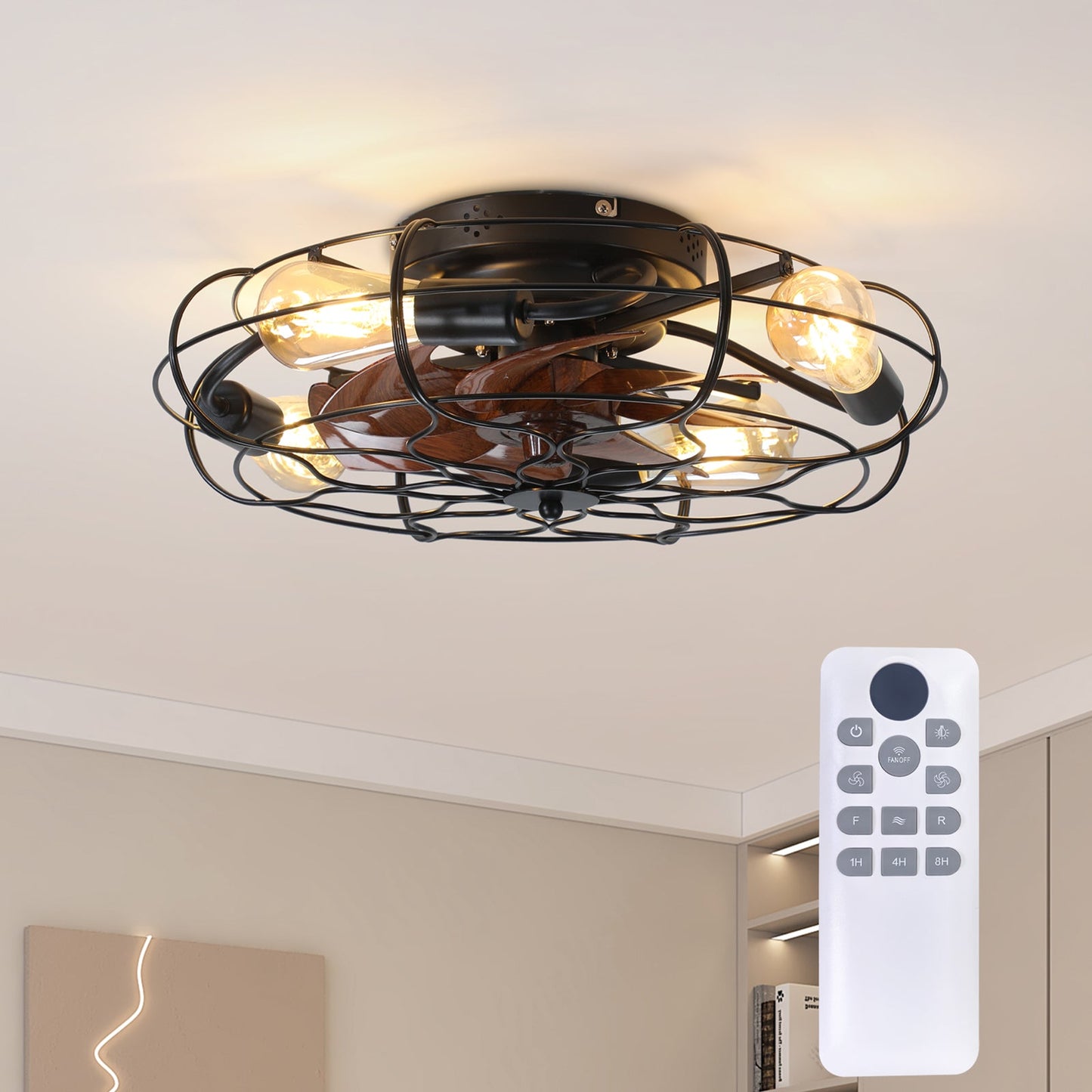 19.7" Industrial Caged Ceiling Fan with Light