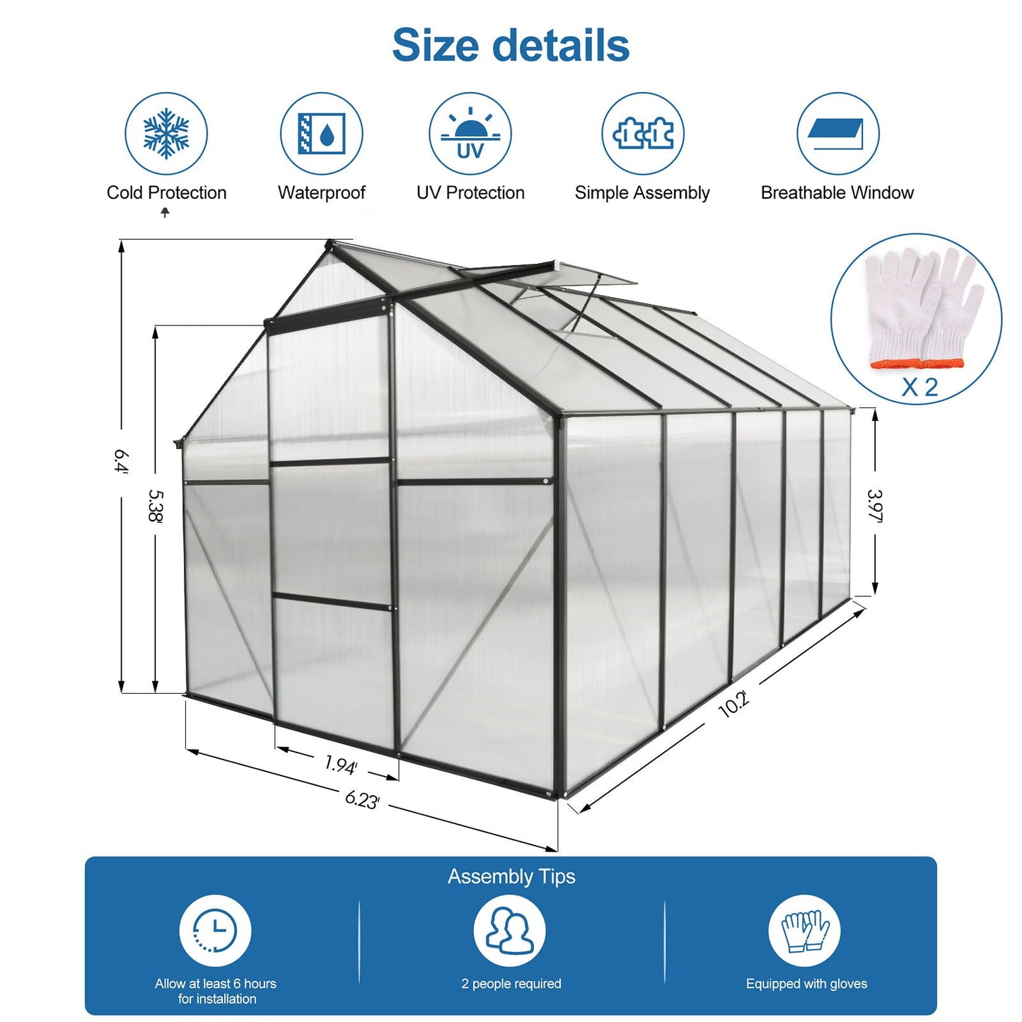 Polycarbonate house Raised Base And Anchor Aluminum Heavy Duty Walk-In houses For Outdoor Backyard In All Season