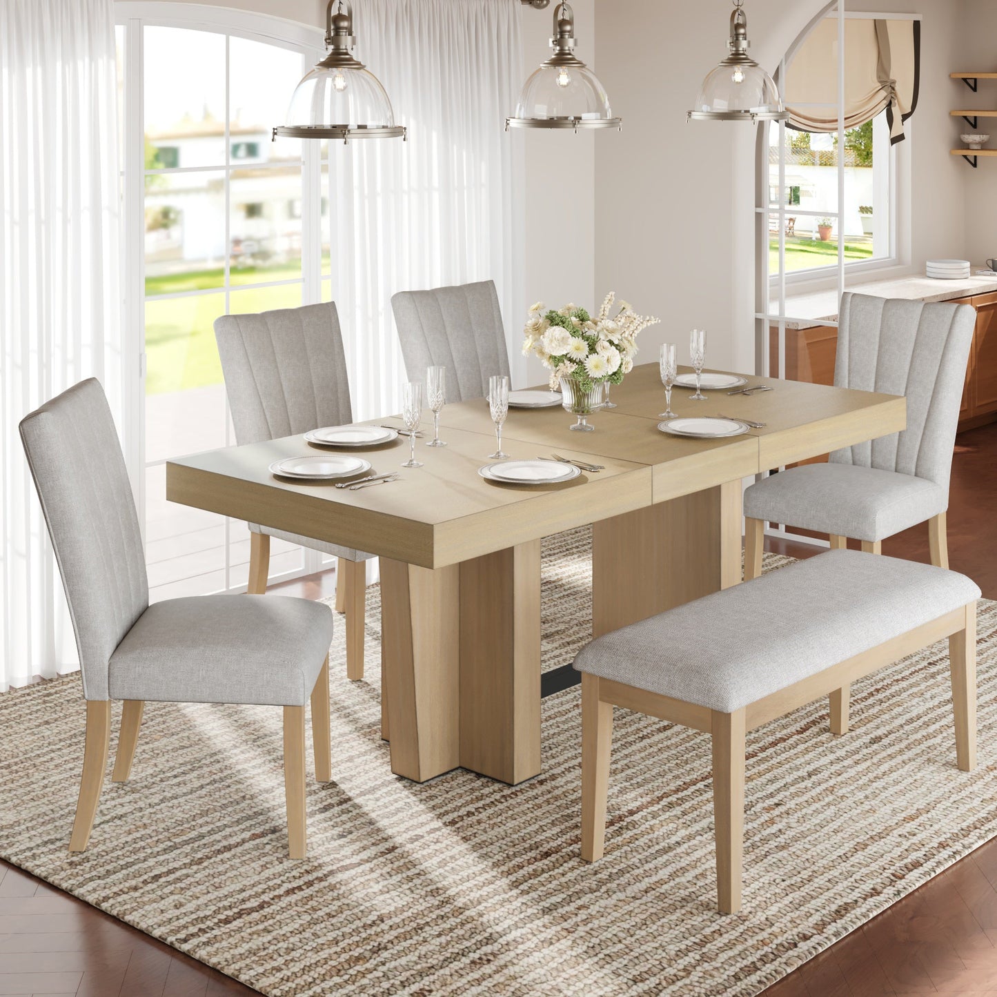 TOPMAX Farmhouse Extendable Wood Dining Table Set for 6
