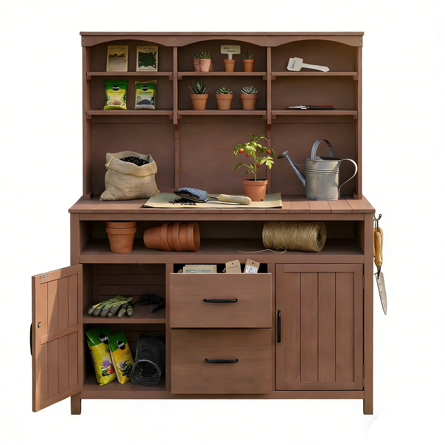 TOPMAX Large Fir Wood Potting Bench with Hutch and Storage