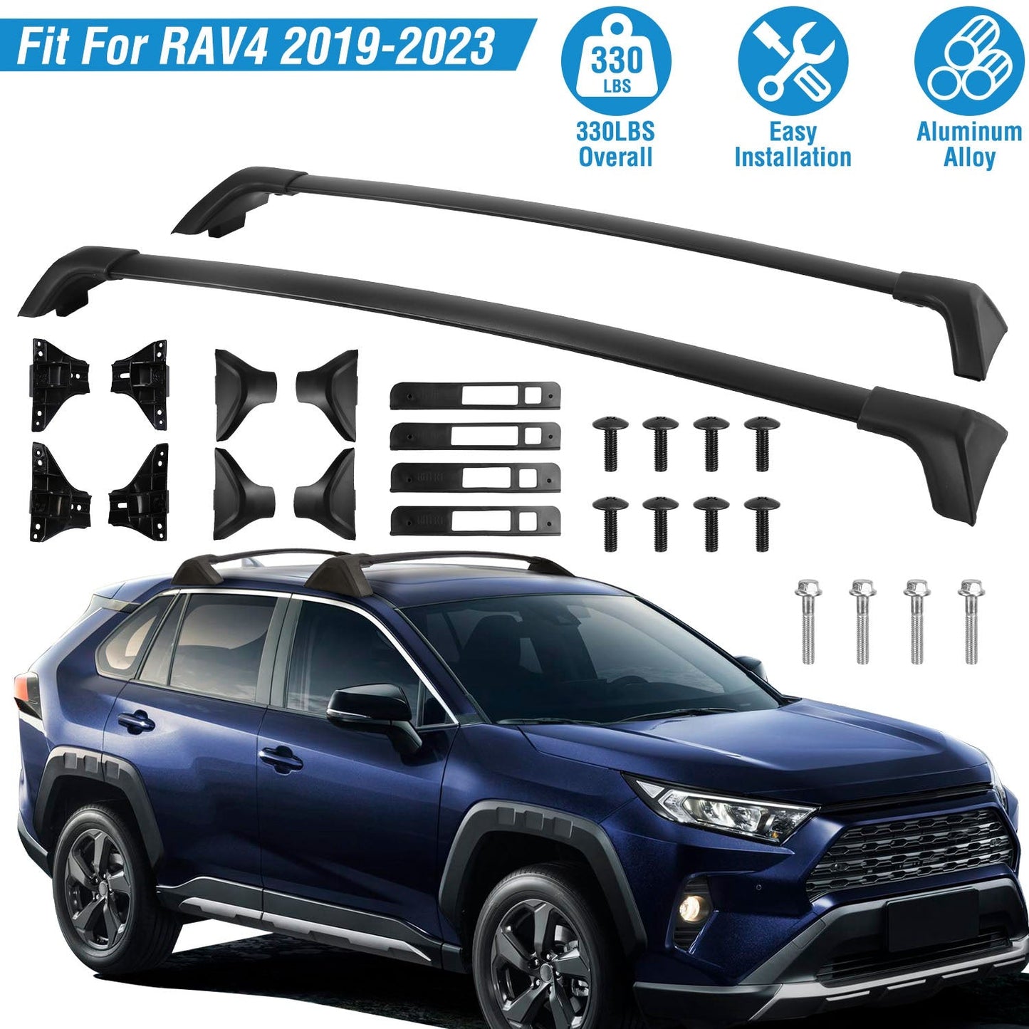 Car Roof Rack Cross Bars Aluminum Alloy Cargo Carrier Rooftop Crossbars Fit for Toyota RAV4 2019-2024 with Side Rails for Cargo Carrier Bag Kayak Bike