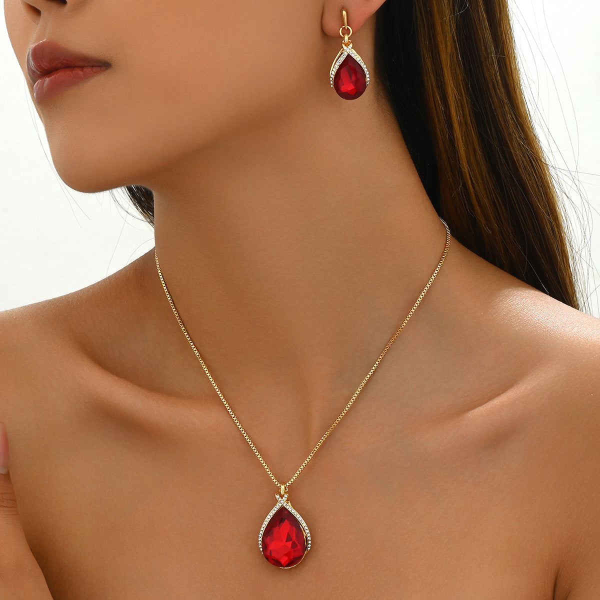 Ins Sweet Japanese Korean Women Jewelry Set, Niche Water Drop Dangle Earrings & Clavicle Chain, Geometric Design Inlaid Clear Synthetic Crystals