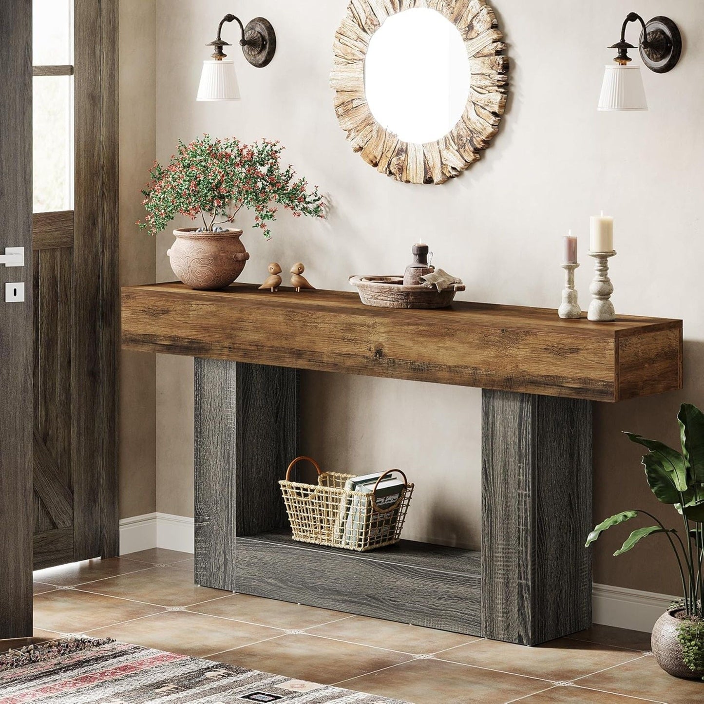 Console Table With 2 Tier Storage, U Shaped Base