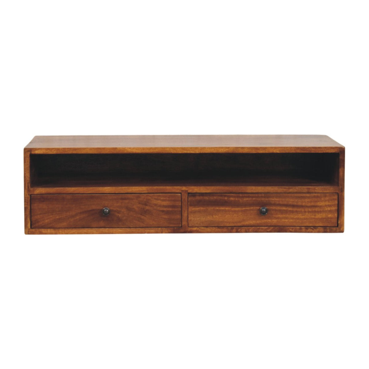 Solid Wood Lunar Wall-Mounted Media Unit, 2-Drawers, Chestnut