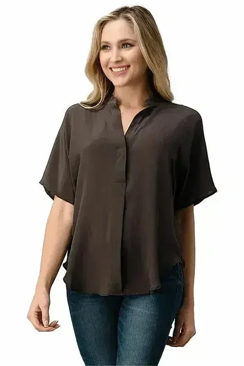 Dark Grey Silk Oversized Blouse – Effortless Dolman Sleeve Top | Femstylo