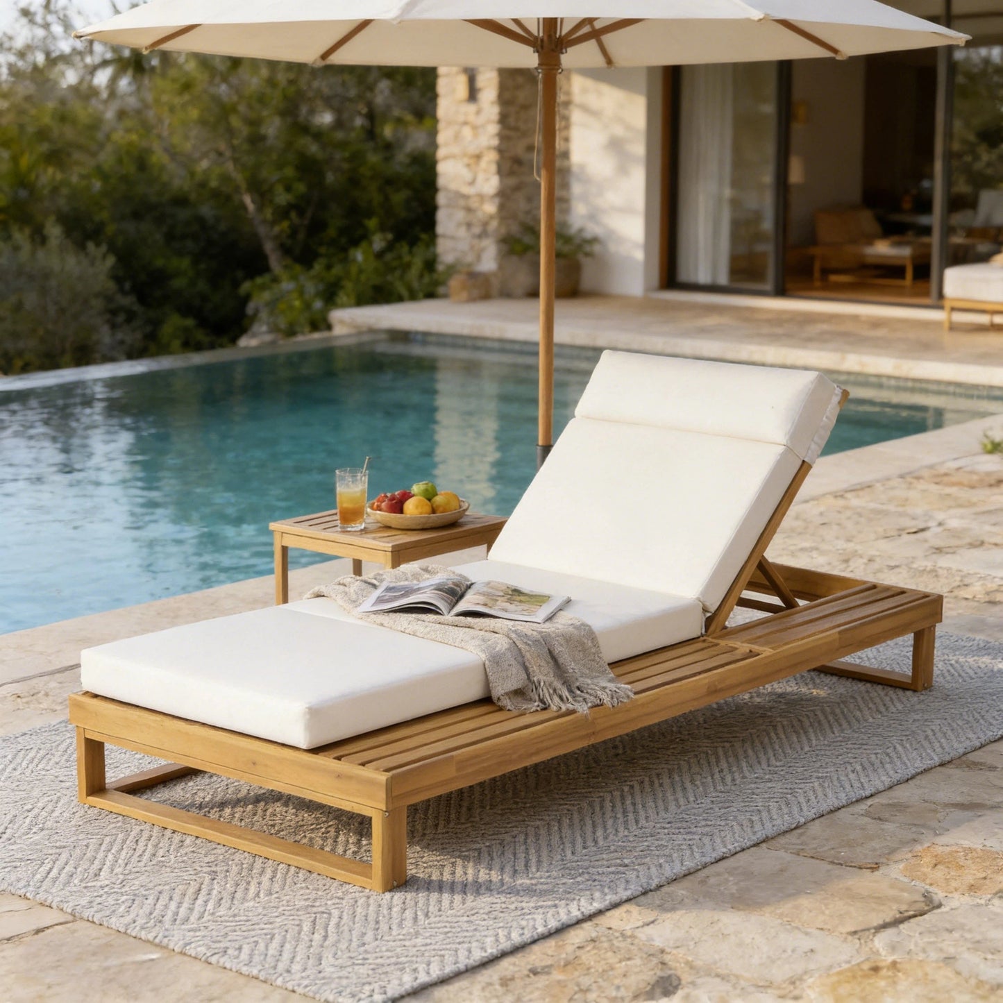 Teak Finish Acacia Wood Chaise Lounge with 4-Inch Cushion