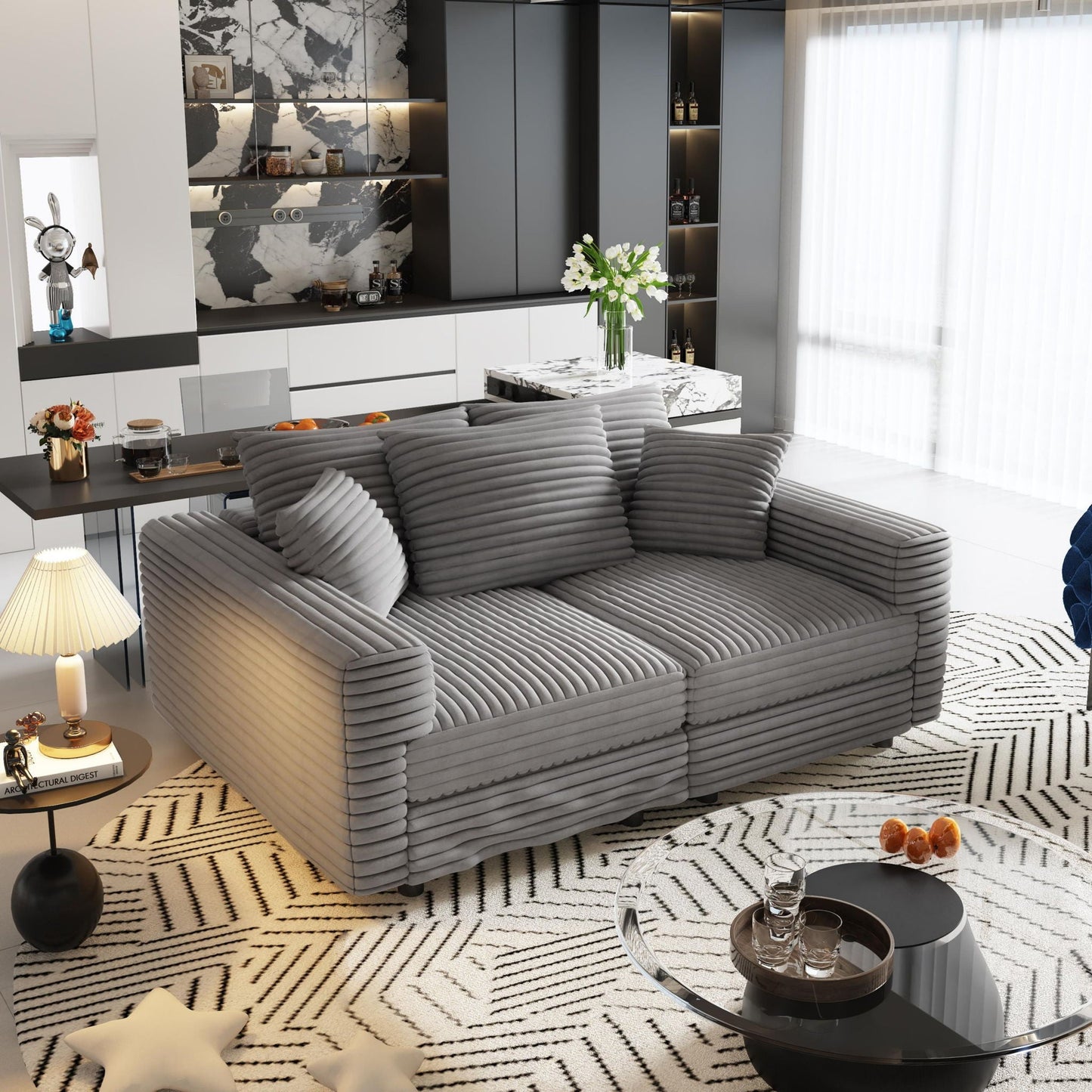 Deep Seat Convertible Sofa With Soft Pillows And Ottomans