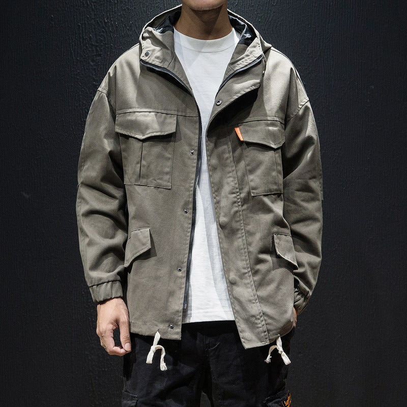 Men's plus size loose hooded drawstring jacket