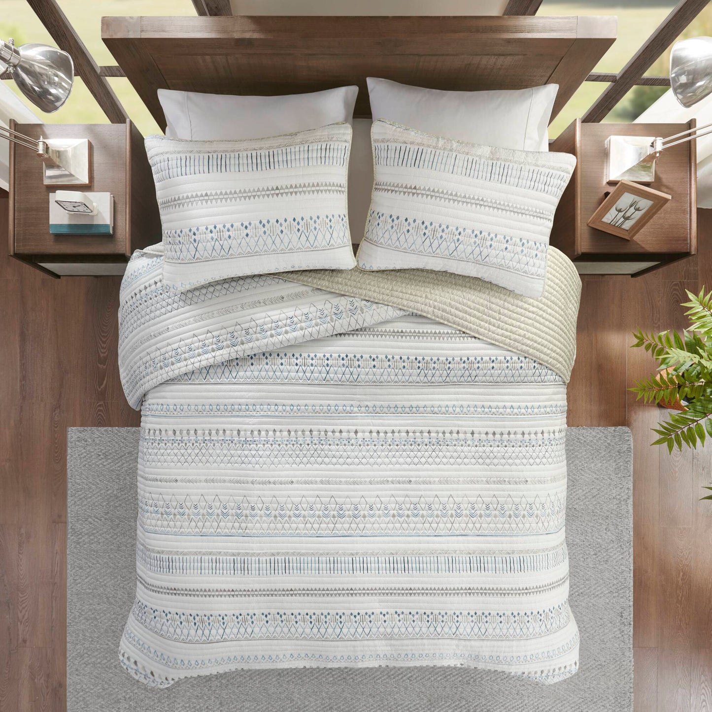 3 Piece Seersucker Quilt Set Taupe Blue King Cal King