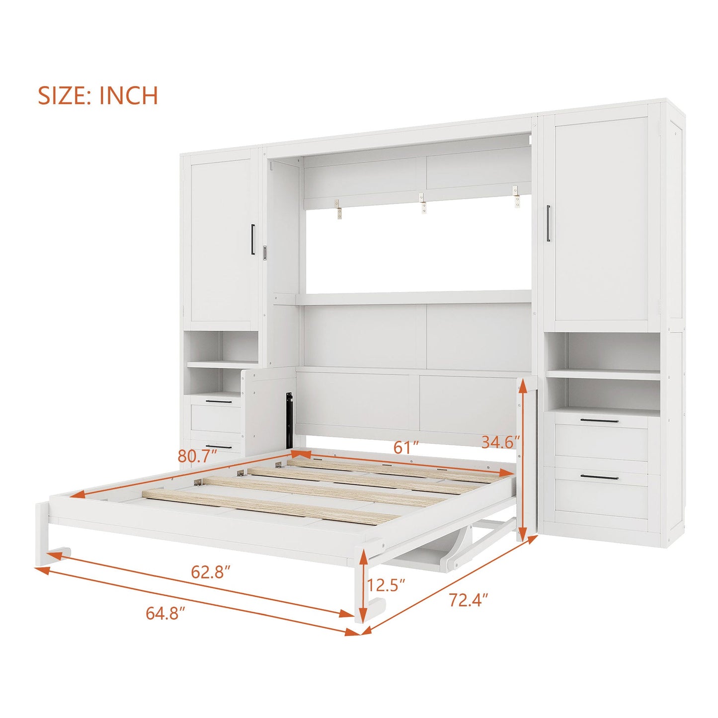 Queen Size Murphy Bed Wall Bed with Closet, Drawers and Shelves, White