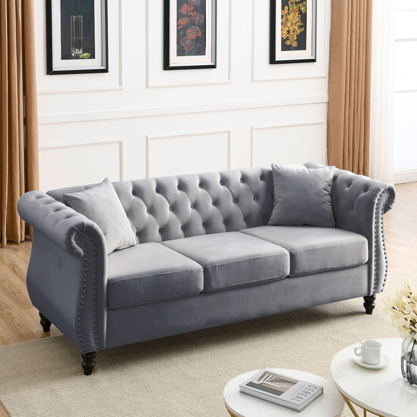 Chesterfield Sofa With Rolled Arms And Nailhead Trim