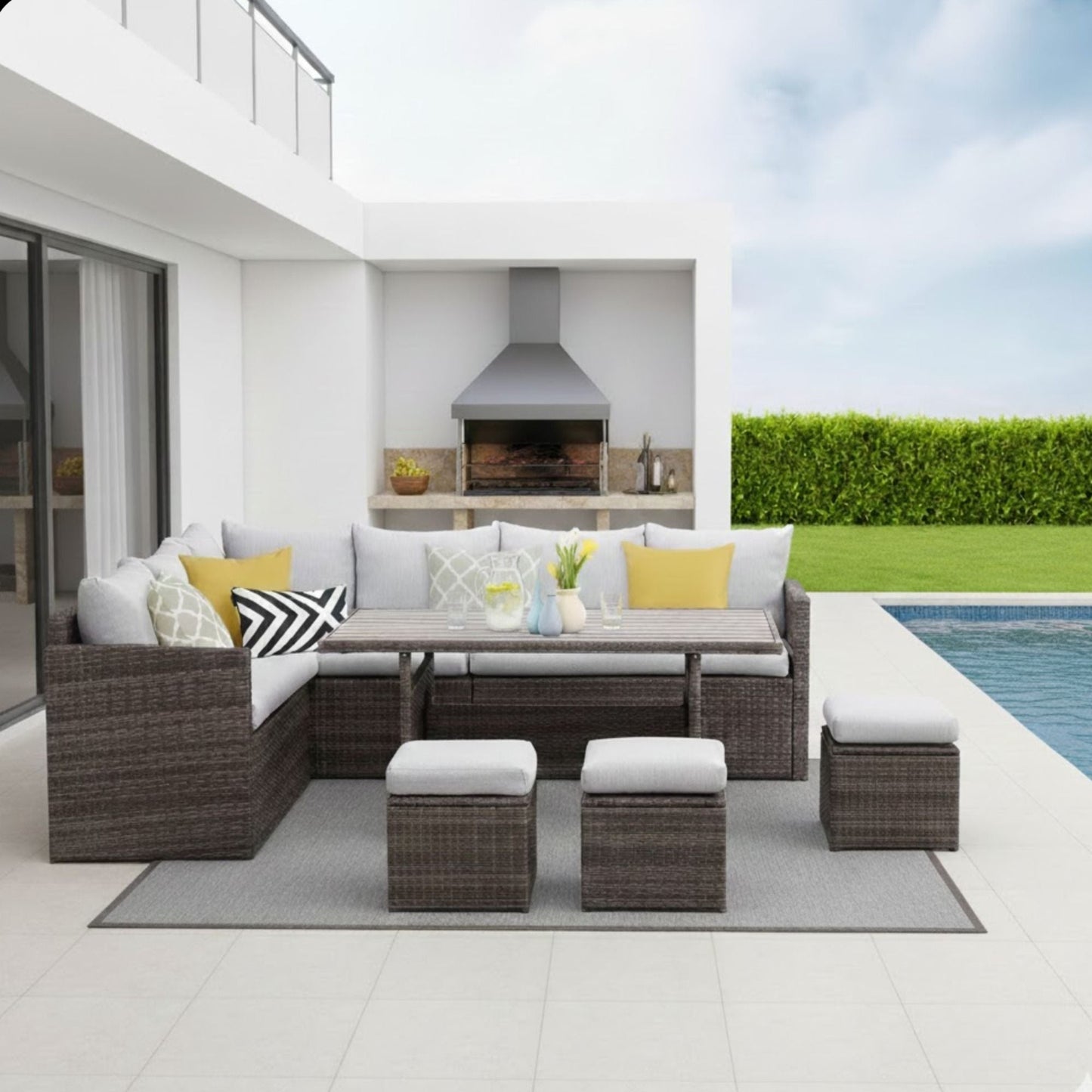 7 Piece Outdoor Dining Set With Cushions, Modular Sectional Sofa And Table