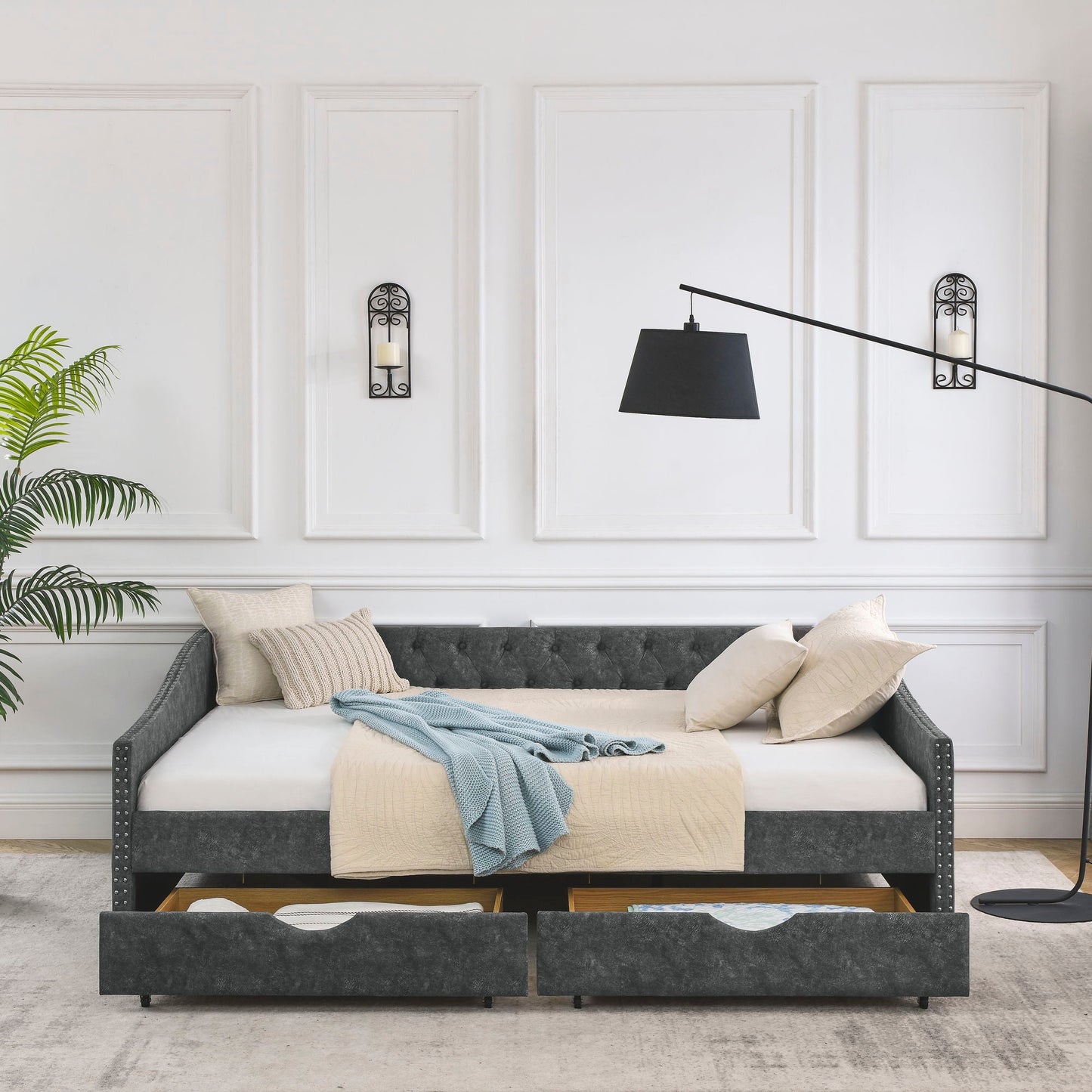 Upholstered Tufted Daybed With 2 Drawers, Waved Arms