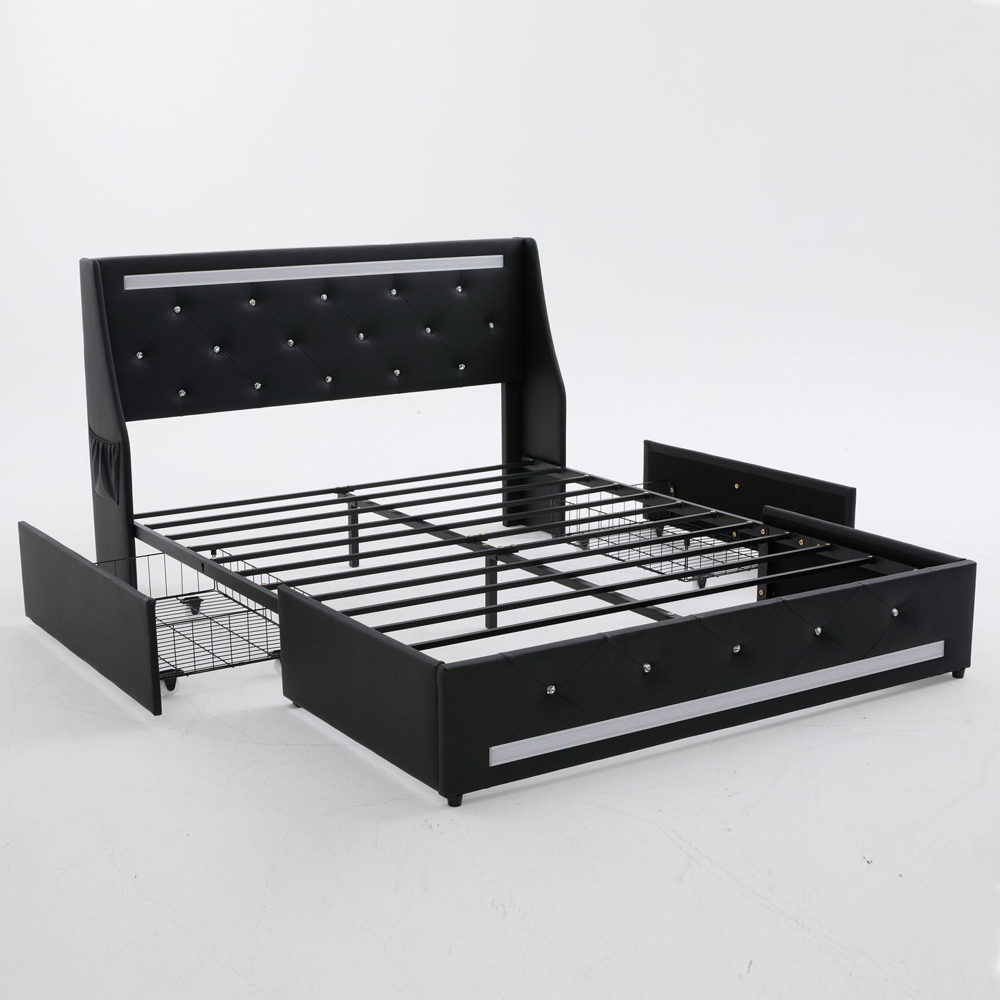 Wingback Upholstered Bed Frame With LED Lights, Charging Station