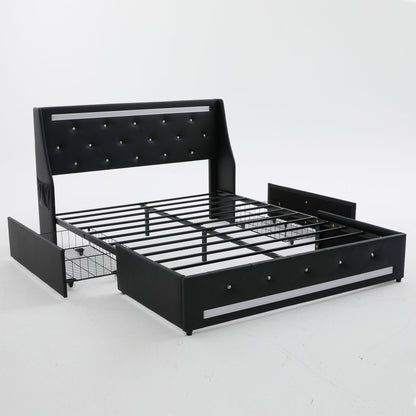 Wingback Upholstered Bed Frame With LED Lights, Charging Station