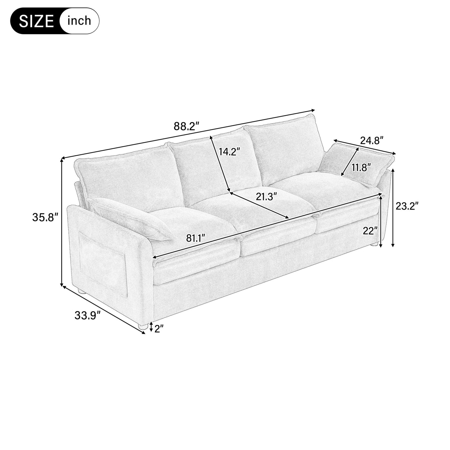 Modern 3 Seater Sofa With Side Storage Pockets For Living Room