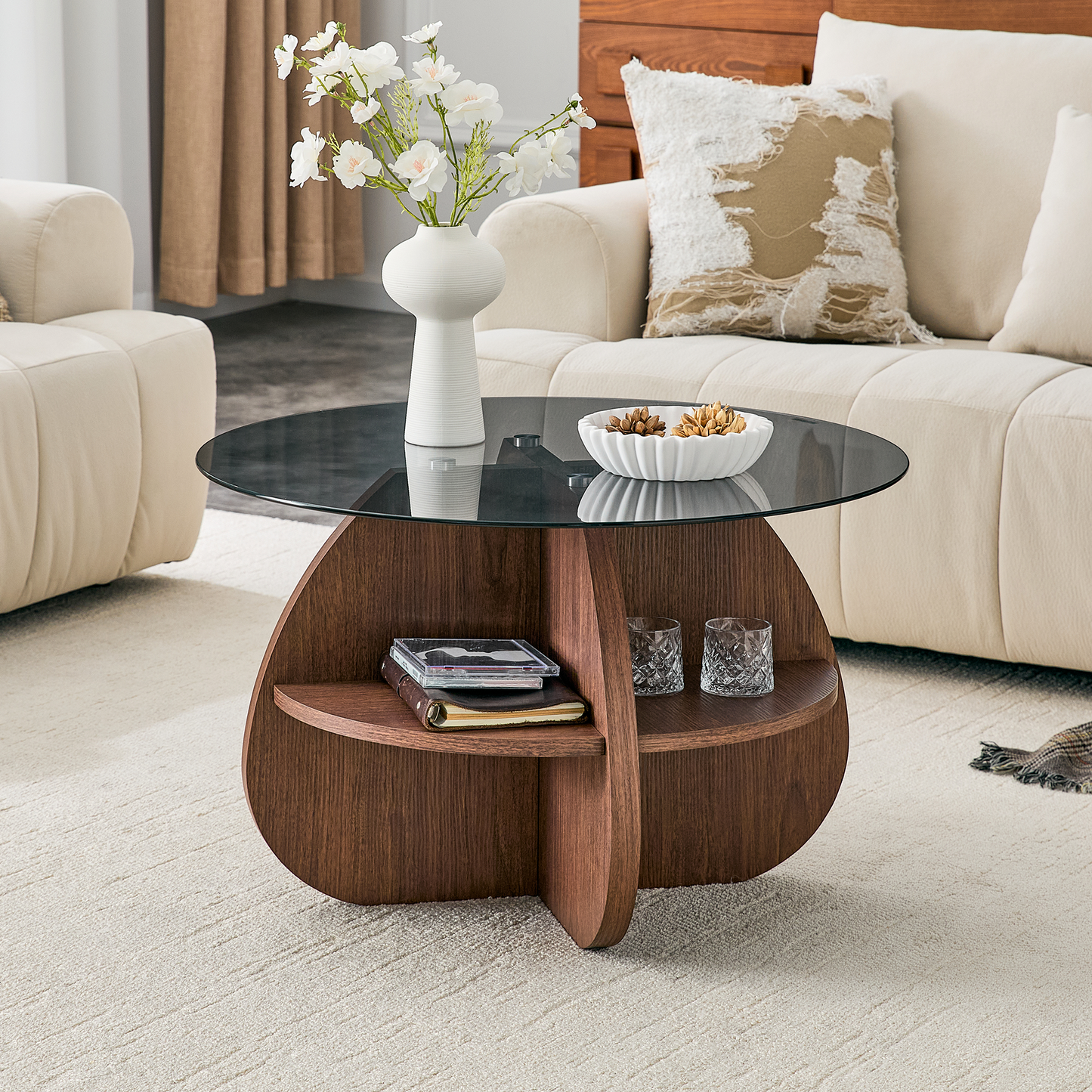 Creative Cross-Structure Round Coffee Table with Glass Top