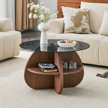 Creative Cross-Structure Round Coffee Table with Glass Top