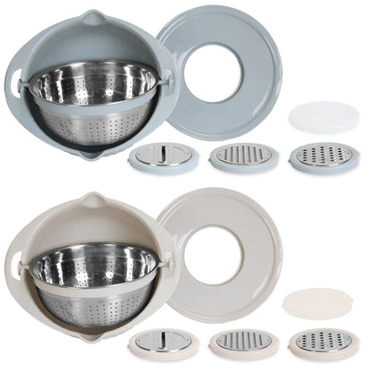 Multifunctional Mixing Bowl with Lid Set 3 Replaceable Graters Food Strainer and Colander Fruit Vegetable Washing Basket Stainless Steel