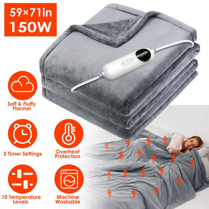 Electric Heated Throw Flannel Heated Blanket with 10 Heat Settings Auto off Washable for Home Office Usage 59x71in