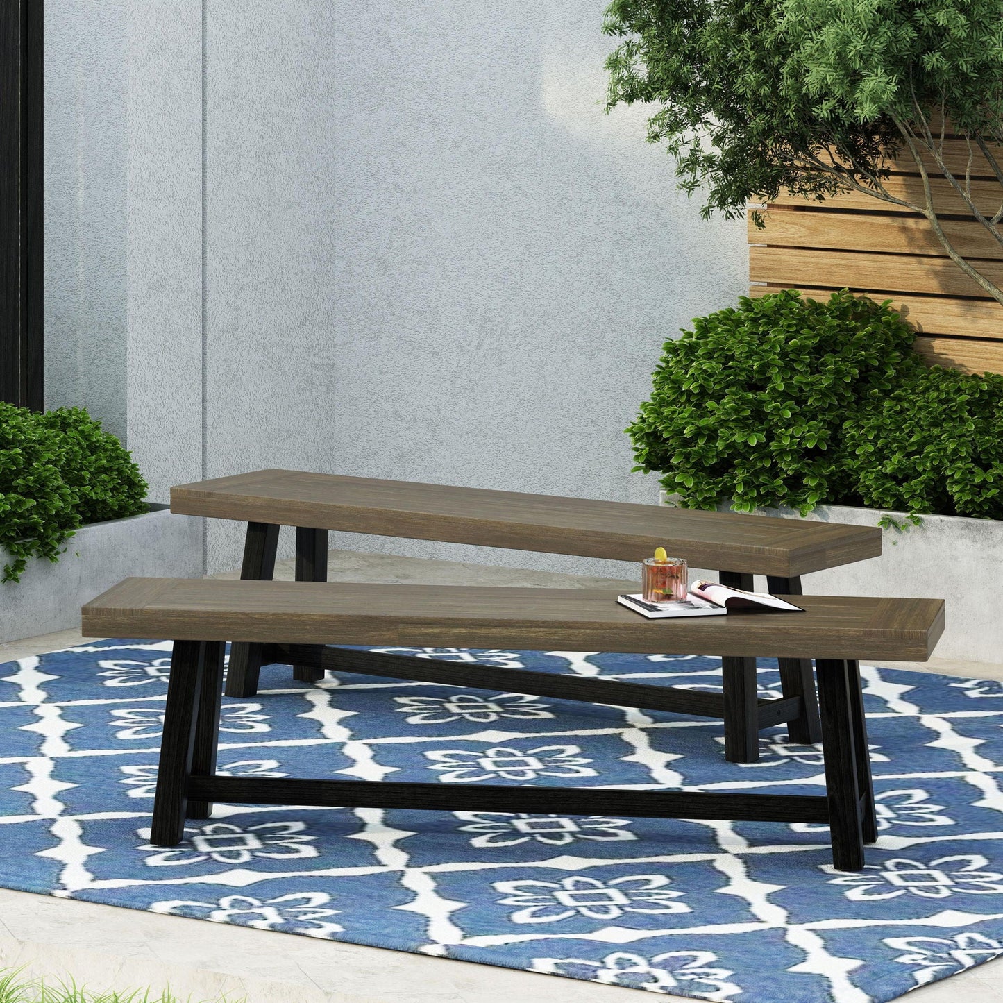 Cloud Outdoor Bench With Acacia Wood Frame And Slat Panel Design
