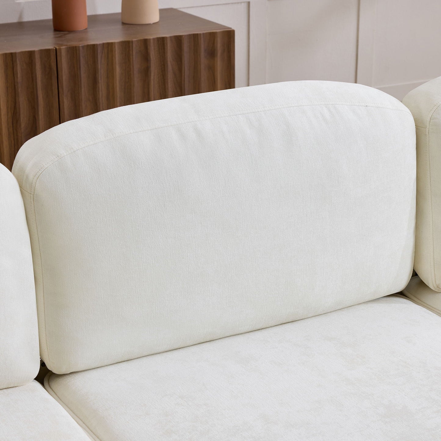 L-Shaped Sectional Sofa With Removable Ruffled Skirt, Flared Arms, Ottoman - White