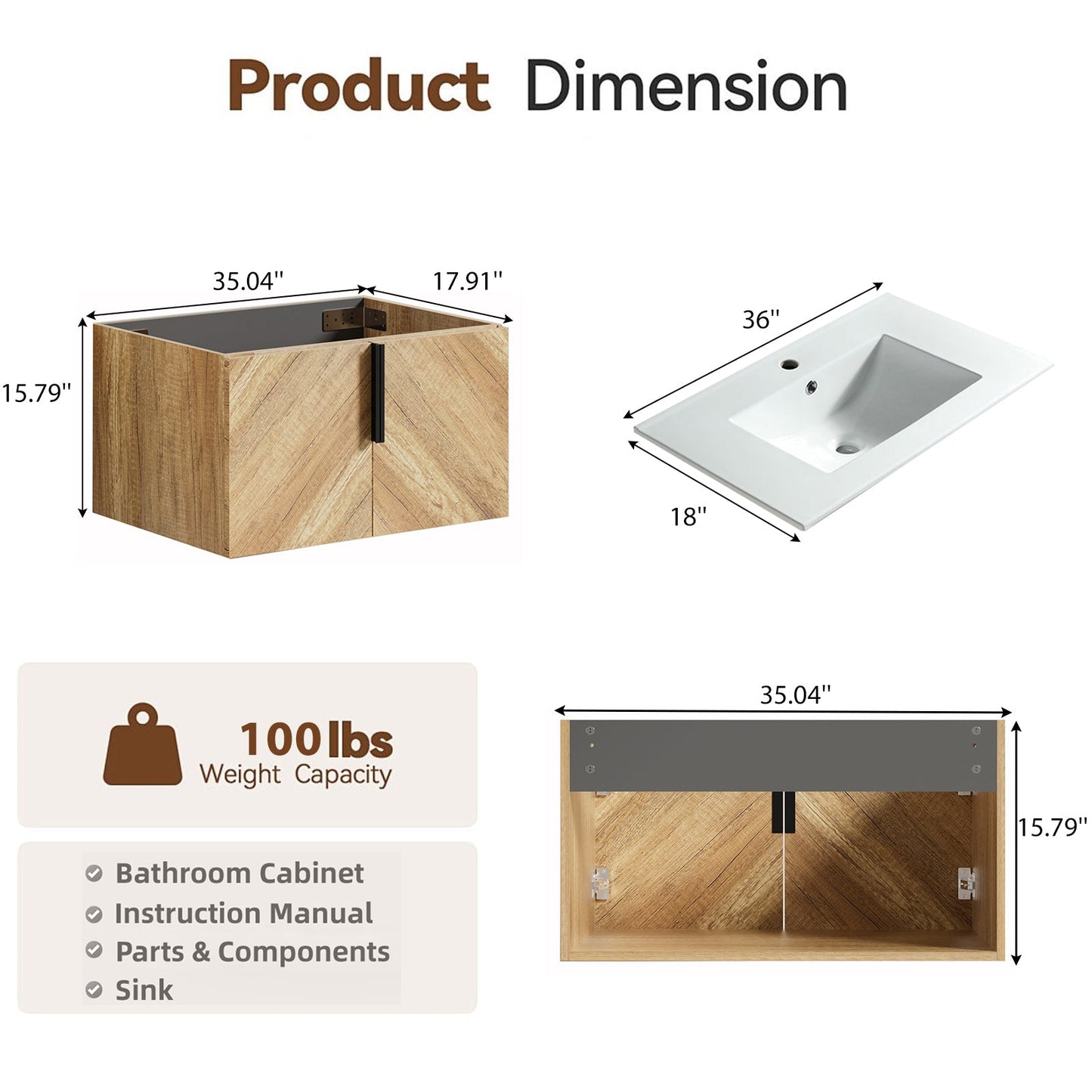 36 Inch Wall-Mounted Bathroom Vanity with 3D Fluted Panel & Ceramic Integrated Sink