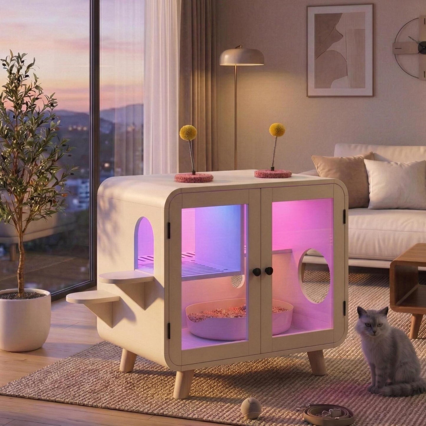 Cat Hidden Litter Box Enclosure with RGB LED Light and Glass Doors