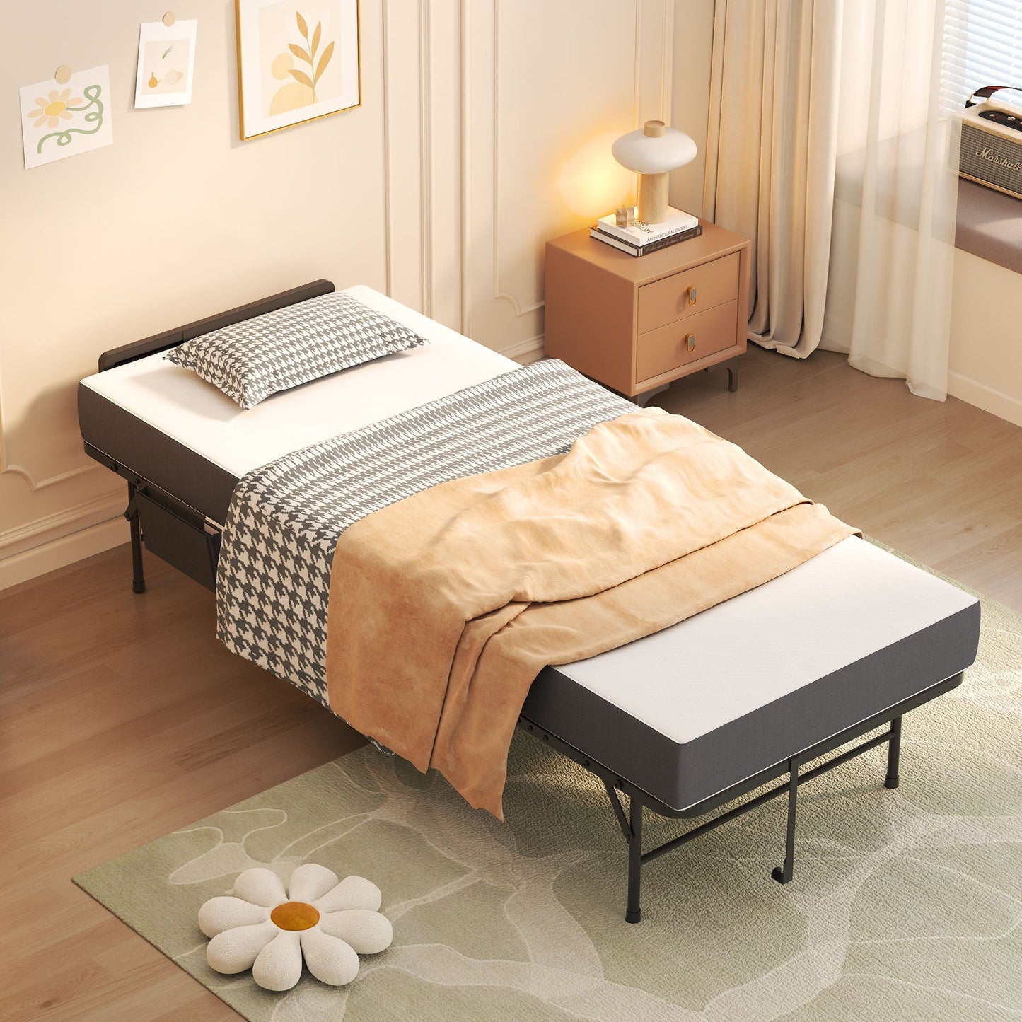 Twin Folding Bed With Adjustable Headboard & Memory Foam