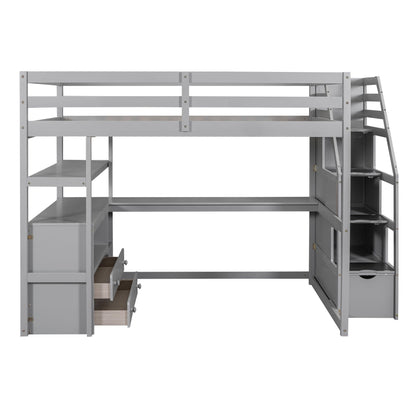 Loft Bed With Desk, Shelves, 2 Drawers, Storage Staircase