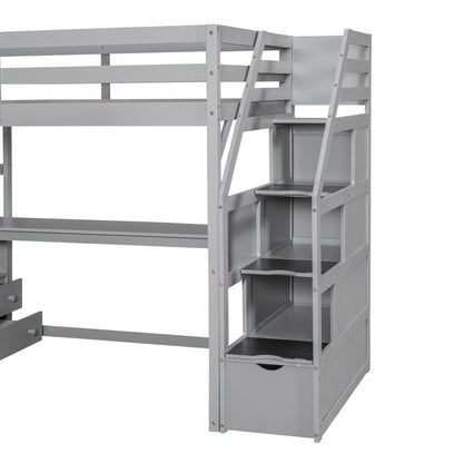 Loft Bed With Desk, Shelves, 2 Drawers, Storage Staircase