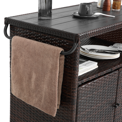 Outdoor Wicker Bar Cart with Glass Top and Wheels - Light Brown