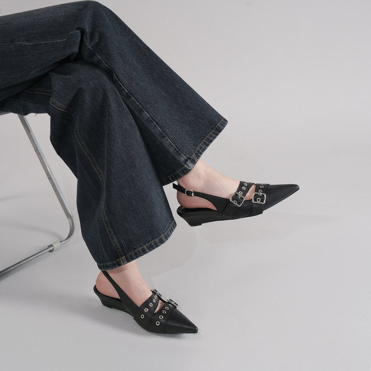 Women Pointed Toe High Heel Mules, Belt Buckle Closed Toe Slide Sandals, Vintage Backless Pumps For Outdoor Wear