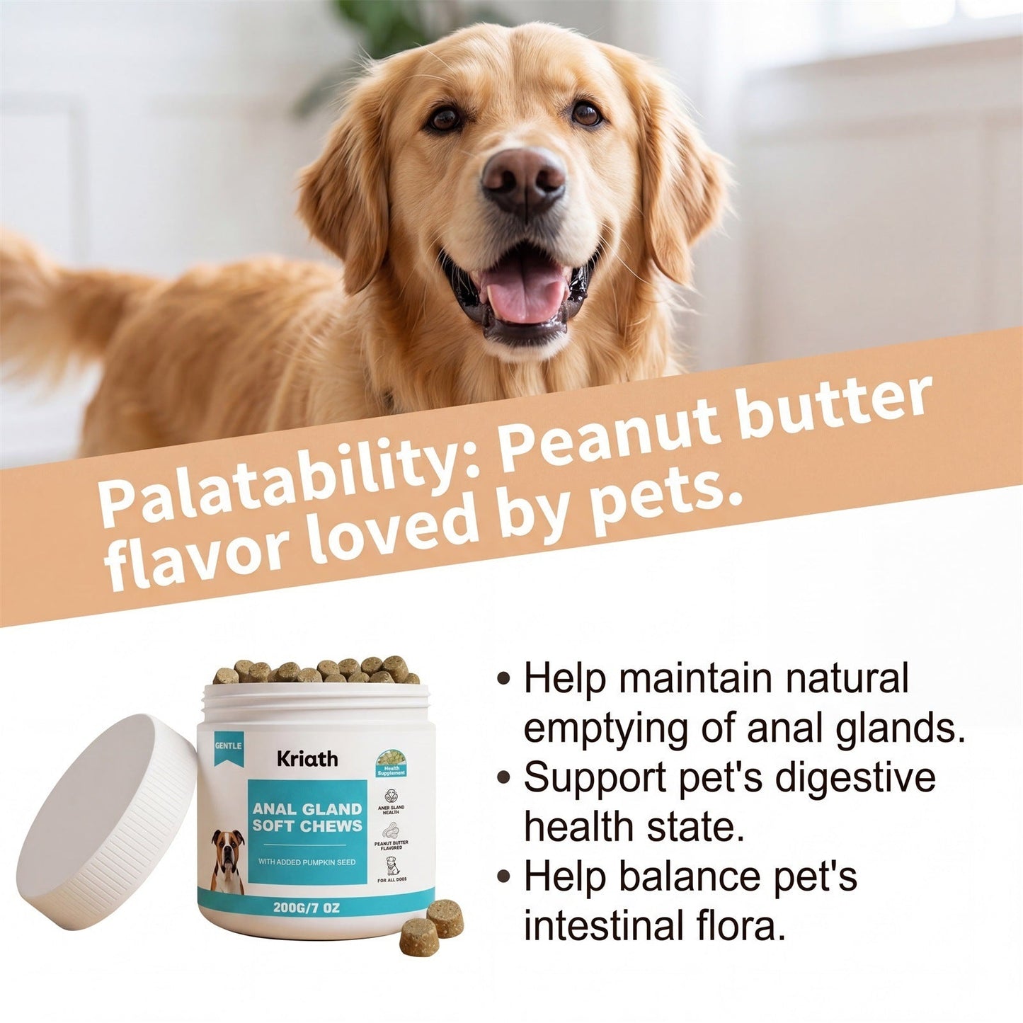 Kriath Dog Care Soft Chewable Tablets With Mild Ingredients To Protect The Dog's Buttocks And Supplement Nutrition