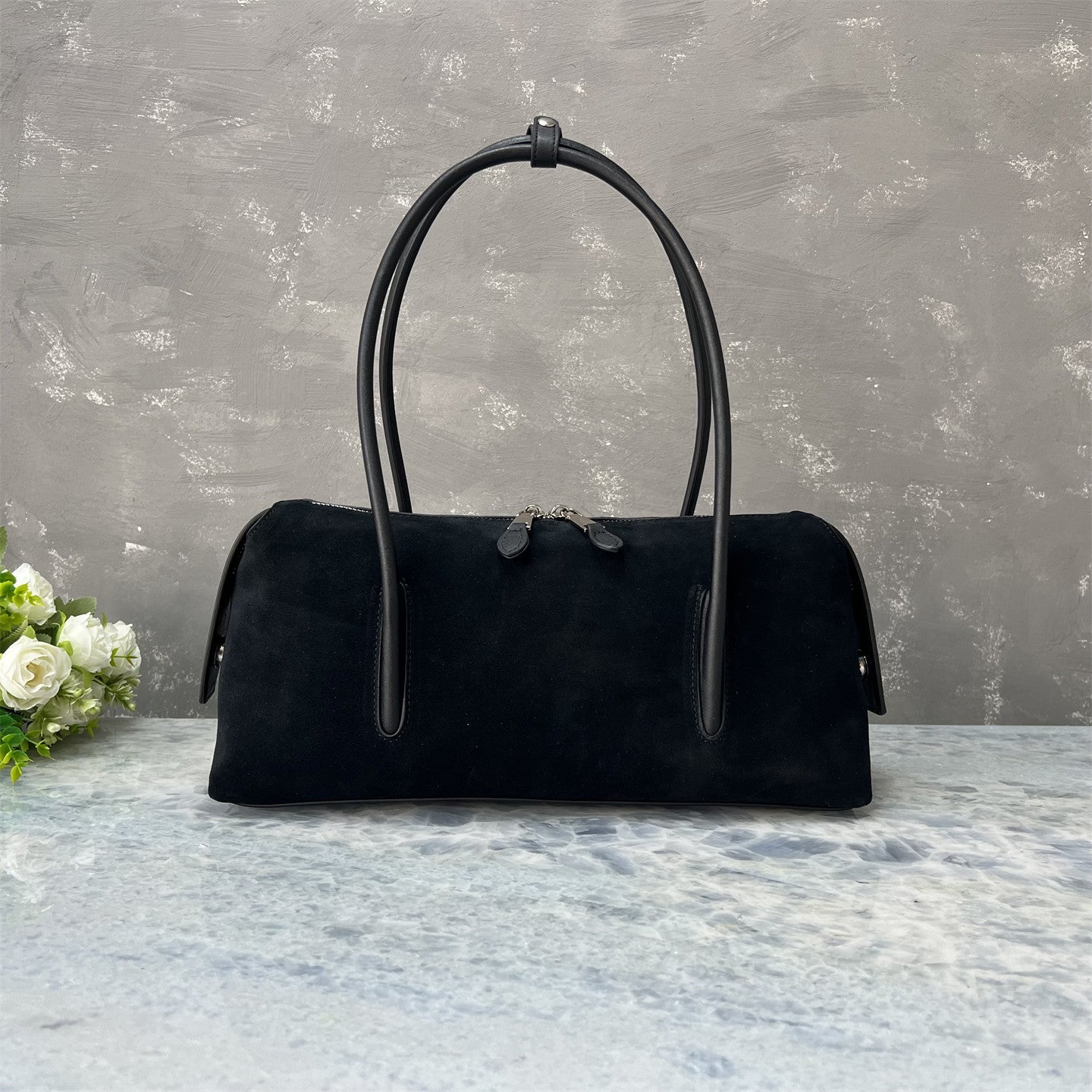 Suede Full-grain Leather Bowling-style Shoulder Bag