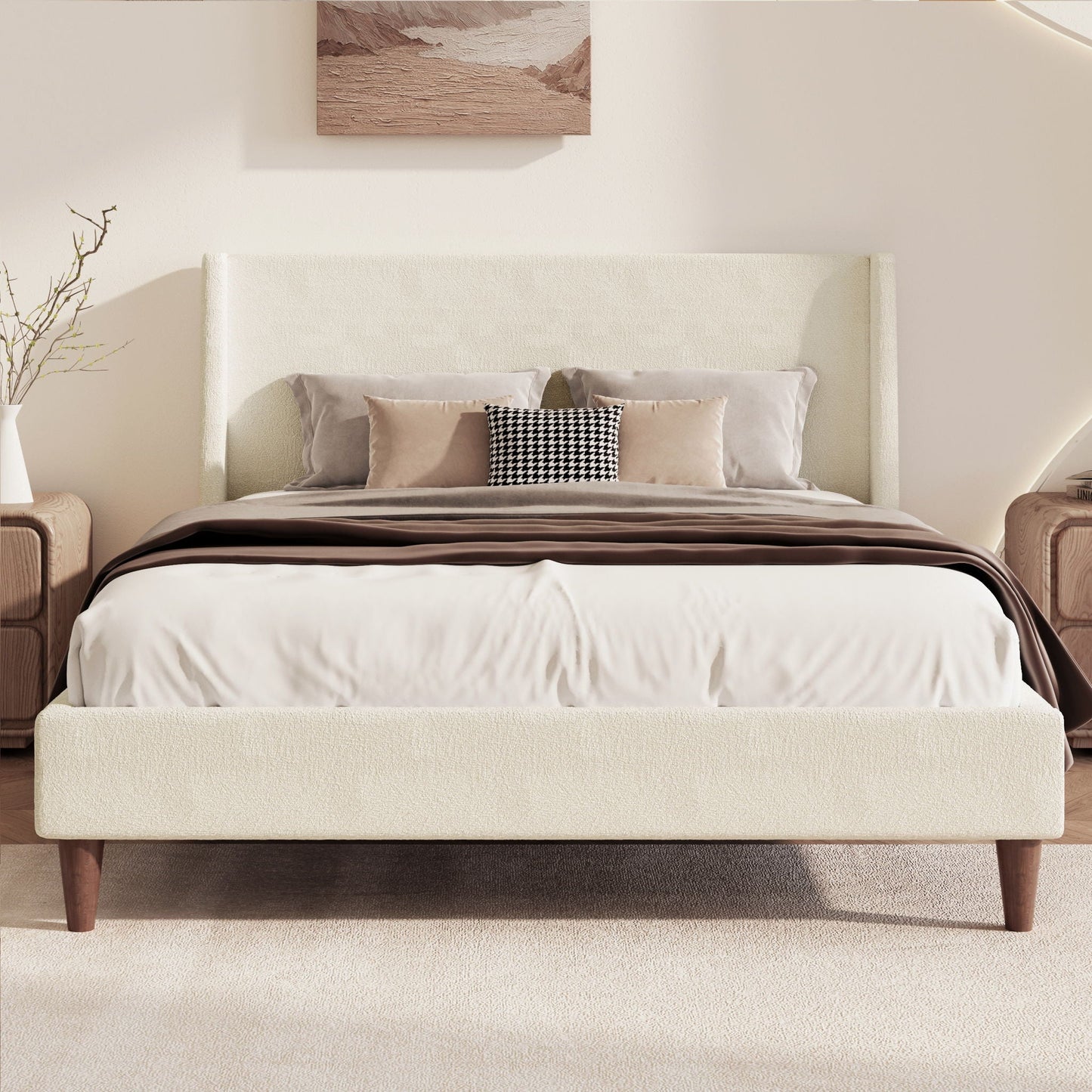 Upholstered Modern Platform Bed With Wingback Headboard