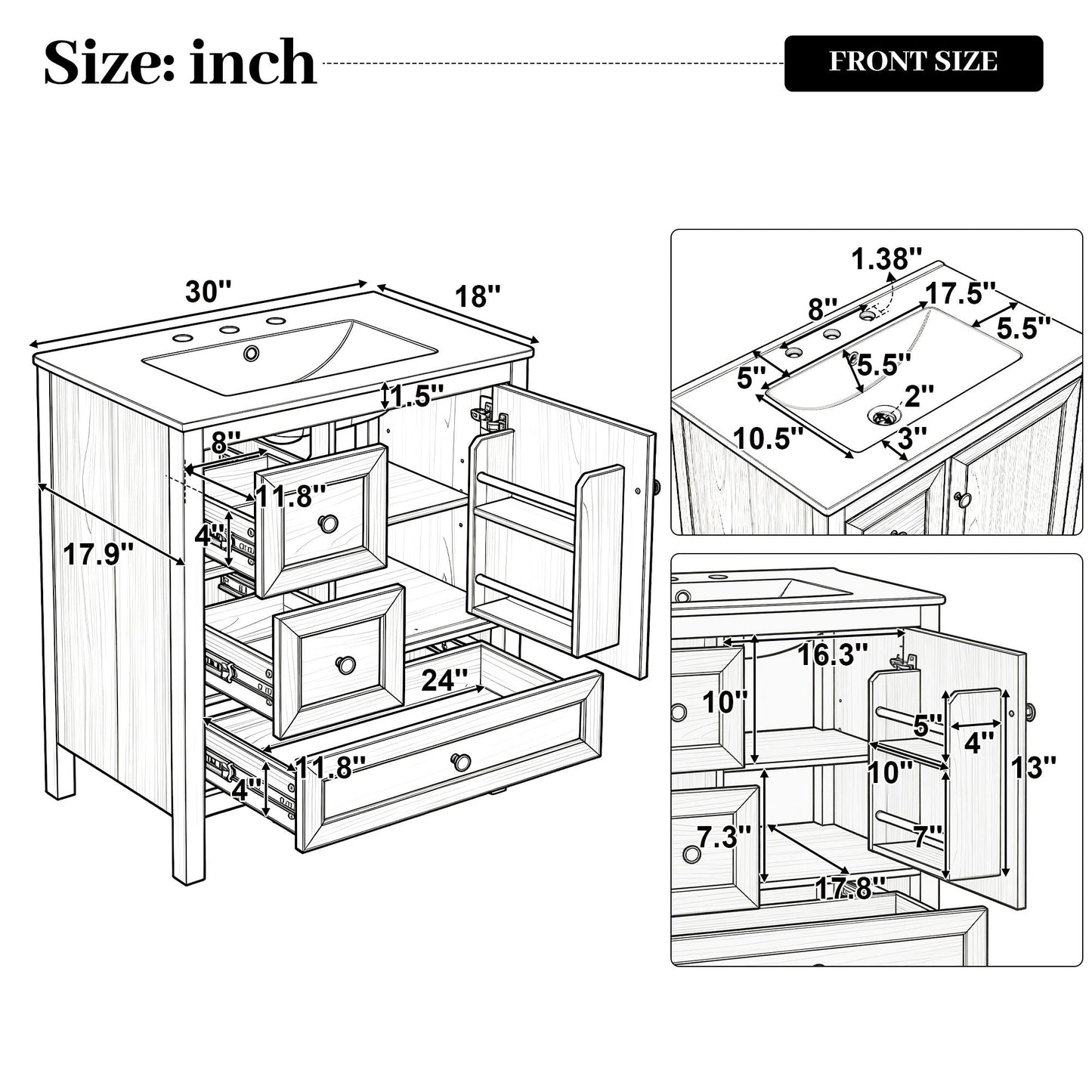 Modern Bathroom Vanity With Sink, Soft Close Drawers & Door, Storage Rack