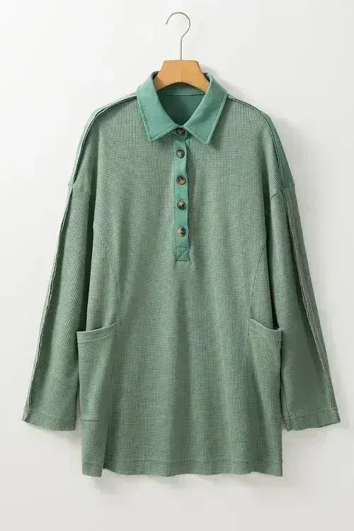 Pink Waffle Long Sleeve Collared Half Button Relaxed Fit Top