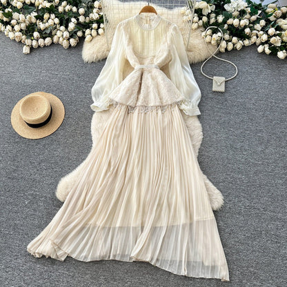 Premium Beaded Lantern Sleeve Tassel Dress –Tie-Waist A-Line Midi, Office Elegant Shift Dress