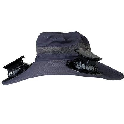Outdoor Wide Brim Sun Hat With 2 Rechargeable Fans Solar Powered 3 Wind Speeds UPF50+ Breathable Waterproof Nylon Mesh Outdoor Hat For Hiking Camping