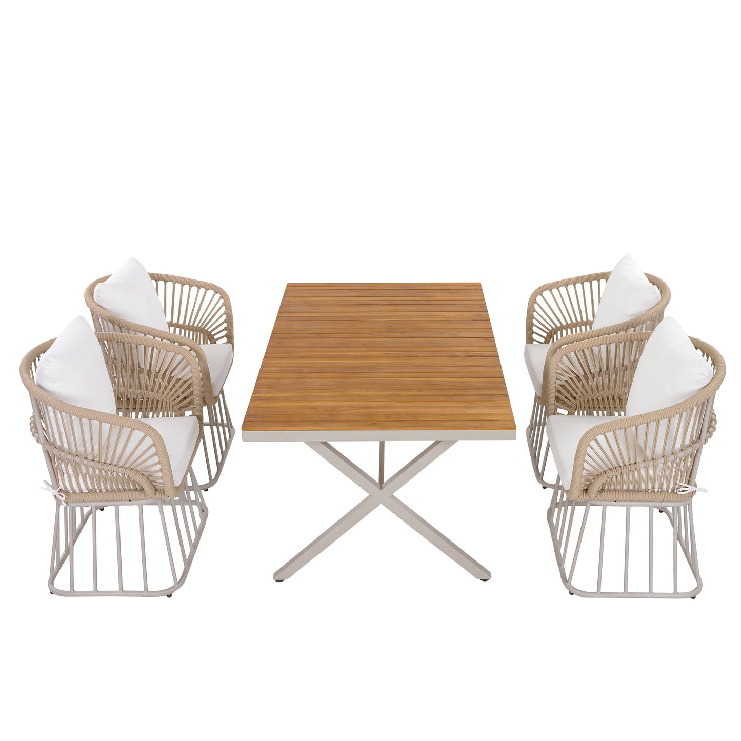 Outdoor 5-Piece Dining Set - Rectangular Teak Wood Table + 4 Wicker Chairs with Cushions