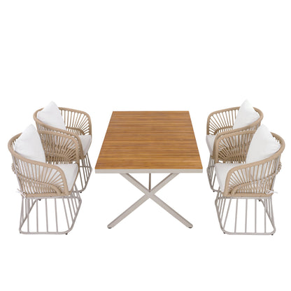Outdoor 5-Piece Dining Set - Rectangular Teak Wood Table + 4 Wicker Chairs with Cushions