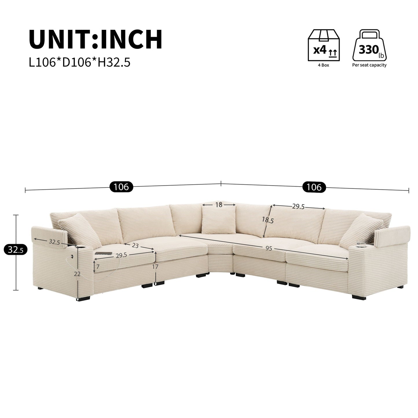 Convertible L Shaped Sectional Corner Couch With Armrest Storage Cup Holders USB Charger, Irregular Corner Oversized Comfy Modular Sofa