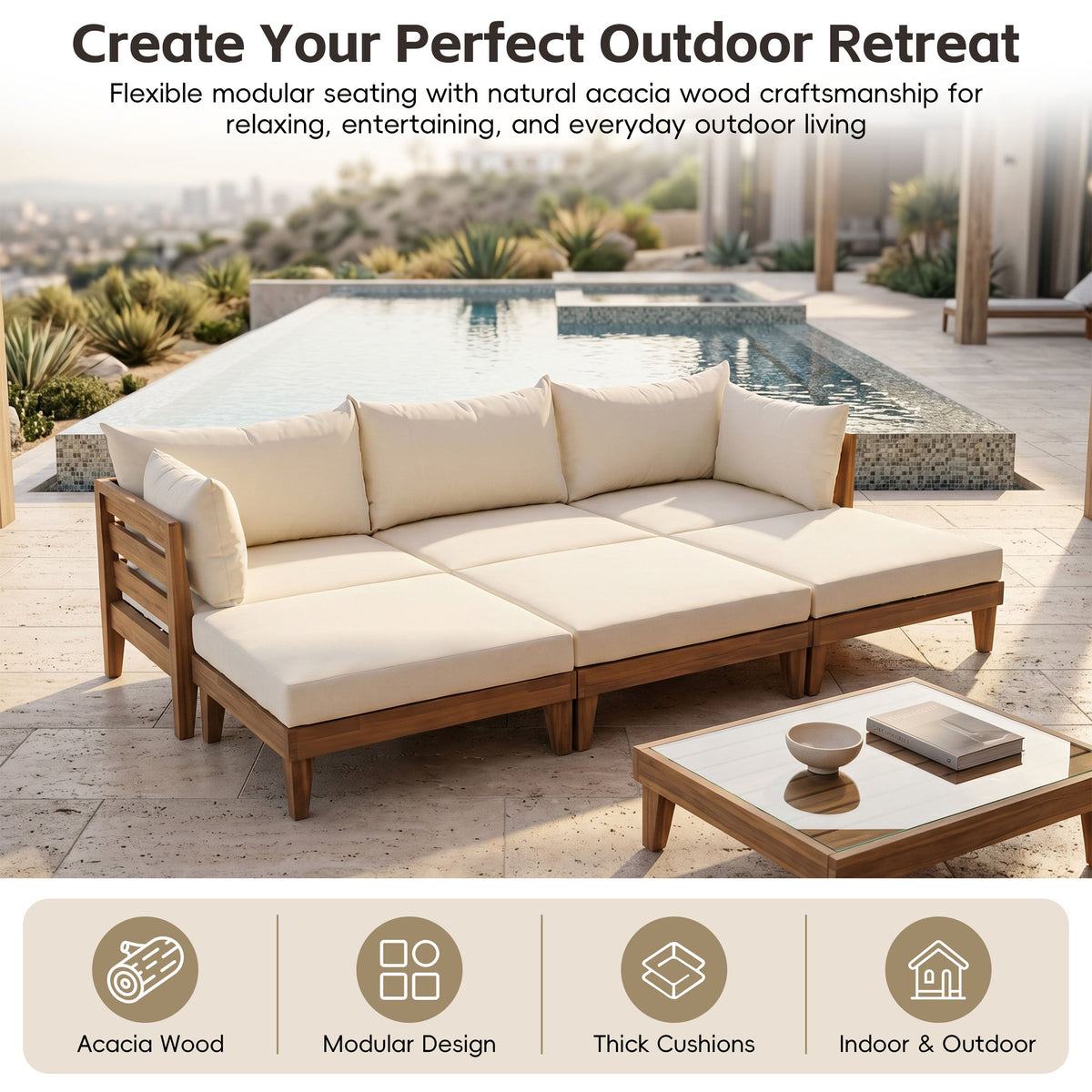TOPMAX Outdoor Large Daybed Acacia Wood 6-Piece Patio Sofa Set